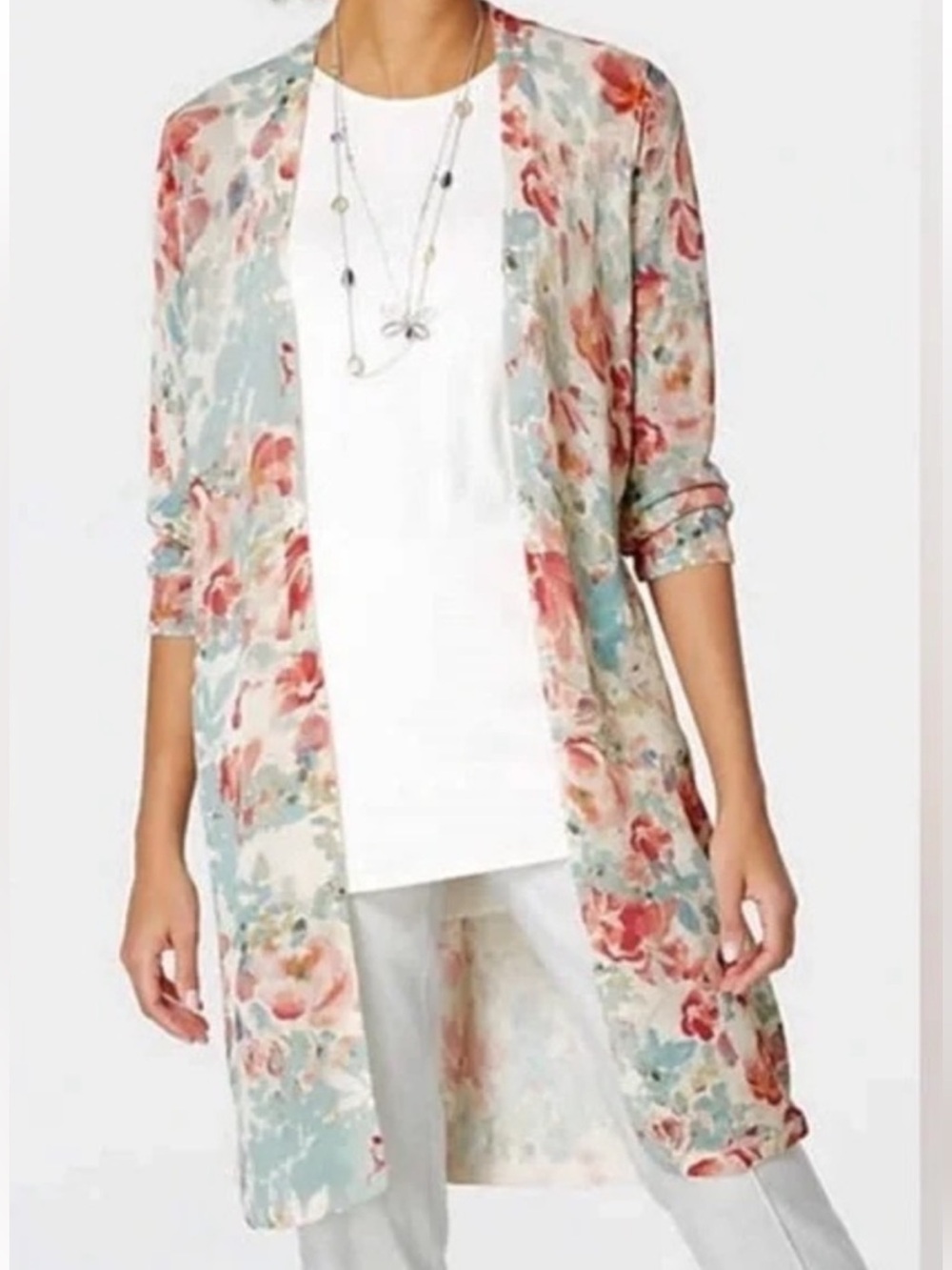 J. Jill Linen Blend Watercolor Floral Open Front Longline Cardigan Duster Size S